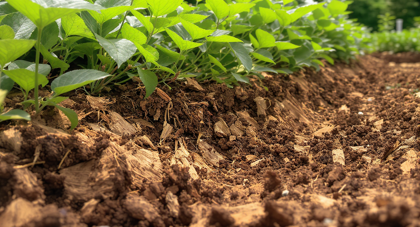 Garden bed covered by thick mulch with spreading native ground covers, a natural leaf texture in bright sunlight.