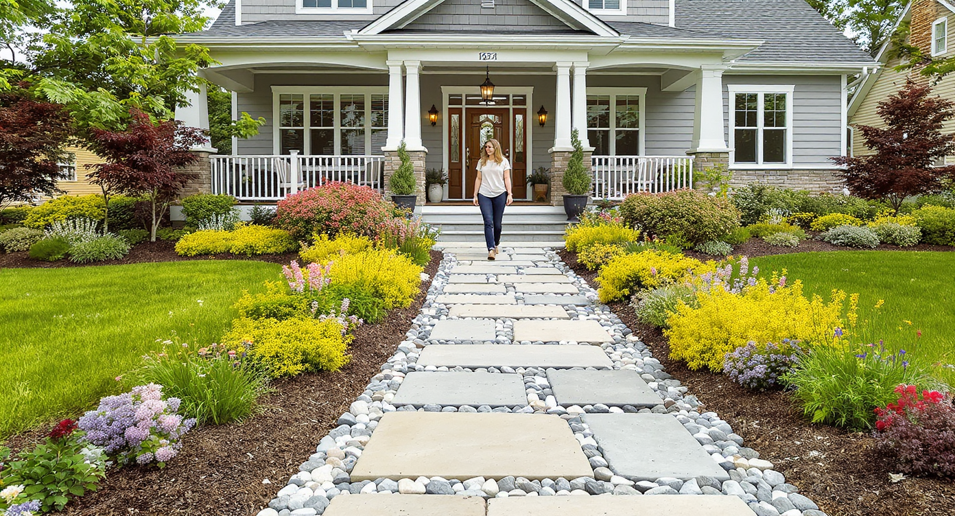 Wide stone garden path bordered by native shrubs leads to modern home's porch with homeowner walking comfortably.