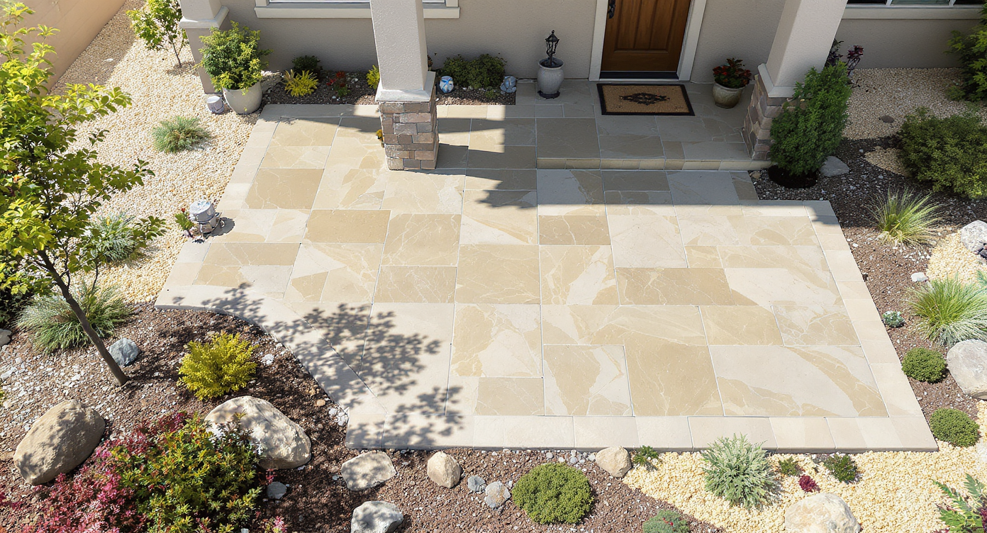 Bird’s-eye view of a sloped stone tile patio with xeriscape plants and gravel beds directing water away from home.