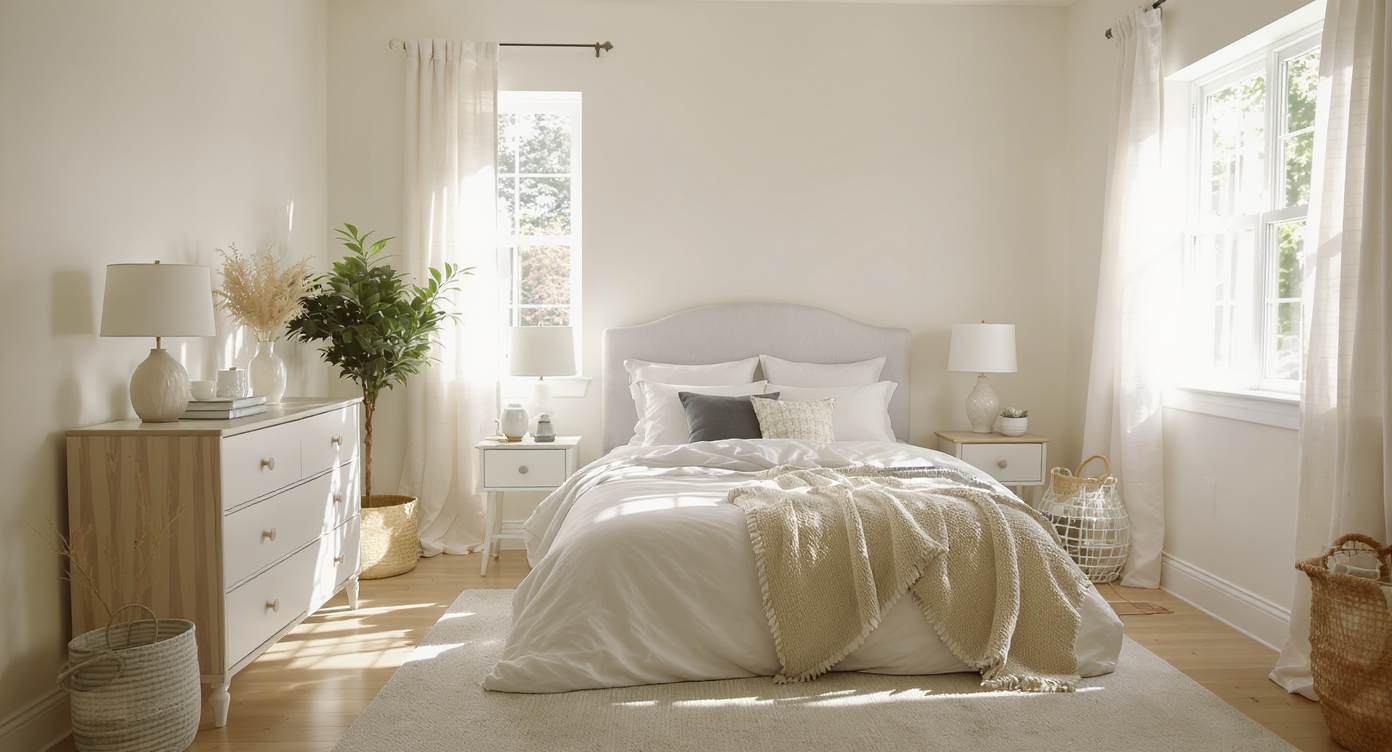 Bright bedroom with off-white walls reflecting light, modern gray and beige furnishings, sheer curtains, and natural sunlight.