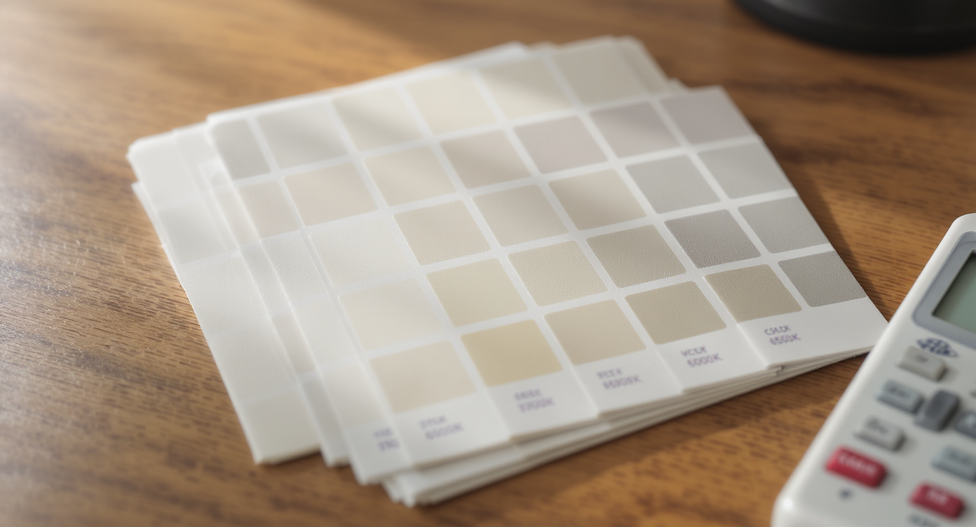 Paint sample board showcasing diverse off-white shades with cream, taupe, gray, and greige undertones next to a color temperature meter.