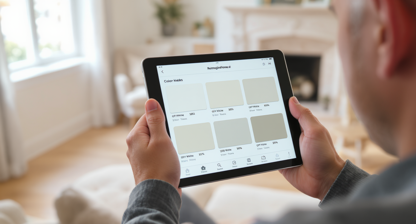 Homeowner using tablet to preview multiple off-white paint variations in their modern, natural-light filled living room.