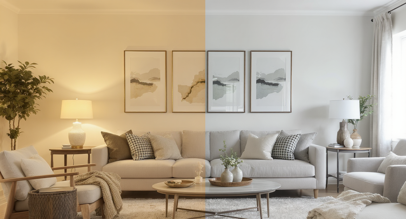 Living room with off-white walls showing warm creamy tones under 2700K light and cool gray-green hues under 6500K daylight bulbs.