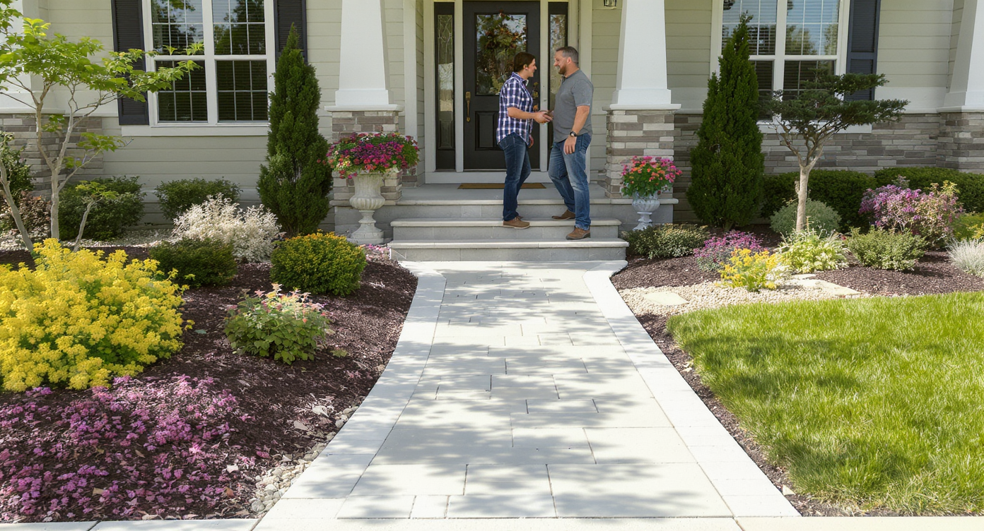 Front yard with new stone pathway and layered plants; homeowner and landscaper reviewing updates near the porch under daylight.