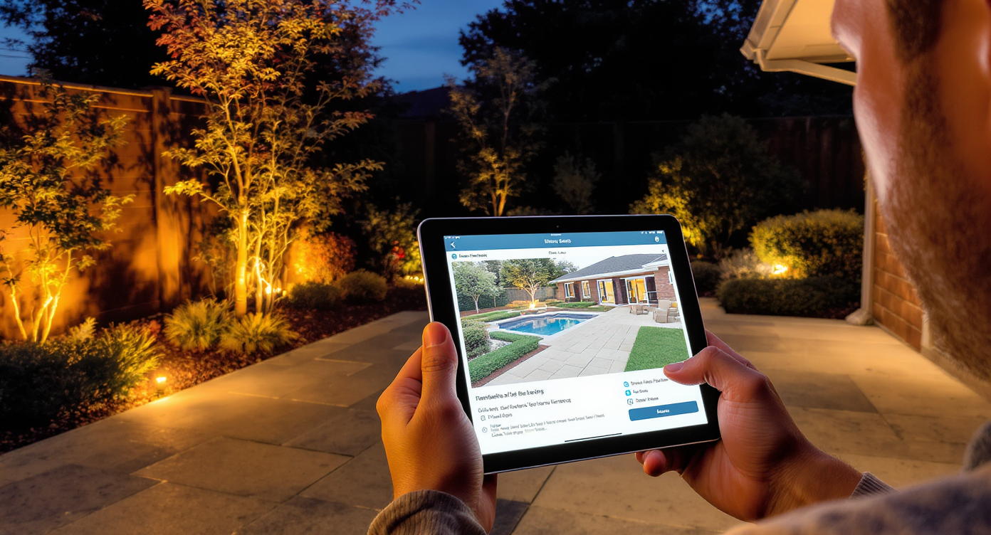 Backyard patio at dusk with homeowner holding tablet showing 3D landscape visualization from ReimagineHome.ai.