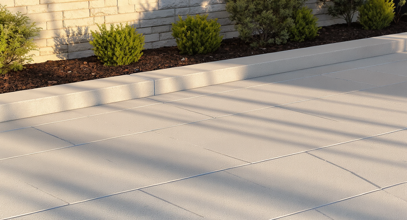 Front patio with light sandstone pavers sloped gently for drainage, bordered by mulched shrubs 18 inches from house foundation.