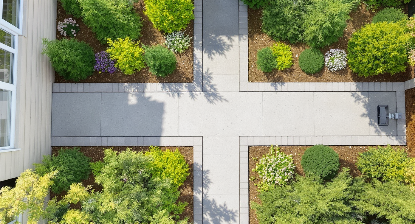 Overhead view of a 42-inch garden path with clean edges and layered planting beds in a small backyard under soft daylight.
