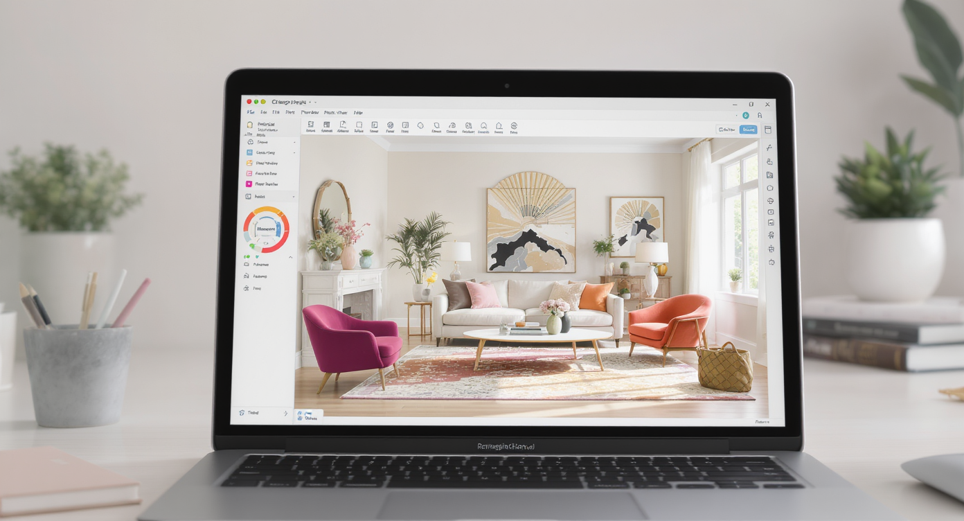 Modern home office with laptop displaying realistic rendering of celebrity-inspired decorated room, bathed in daylight.