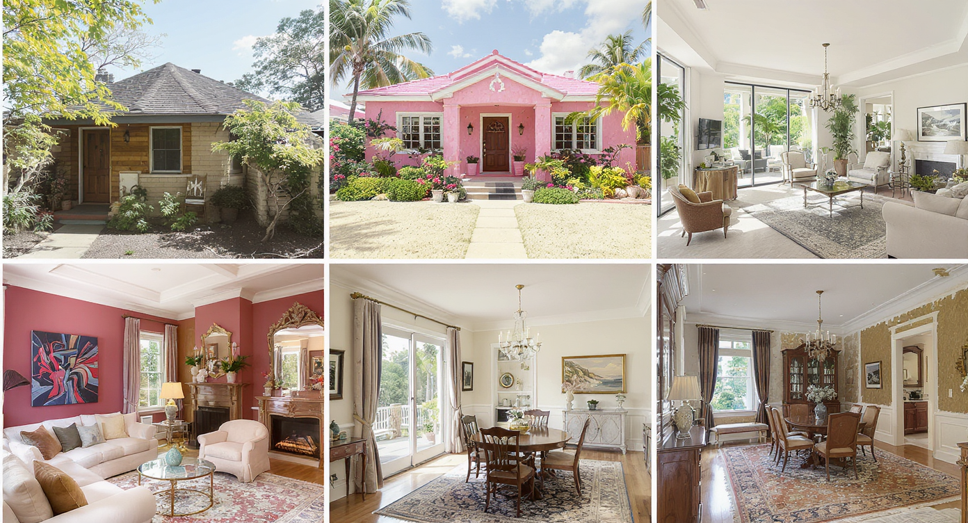 Composite of five interiors: compact vintage cottage, pastel tropical bungalow, modern glass Malibu house, eclectic urban apartment, and elegant Georgian Colonial room.