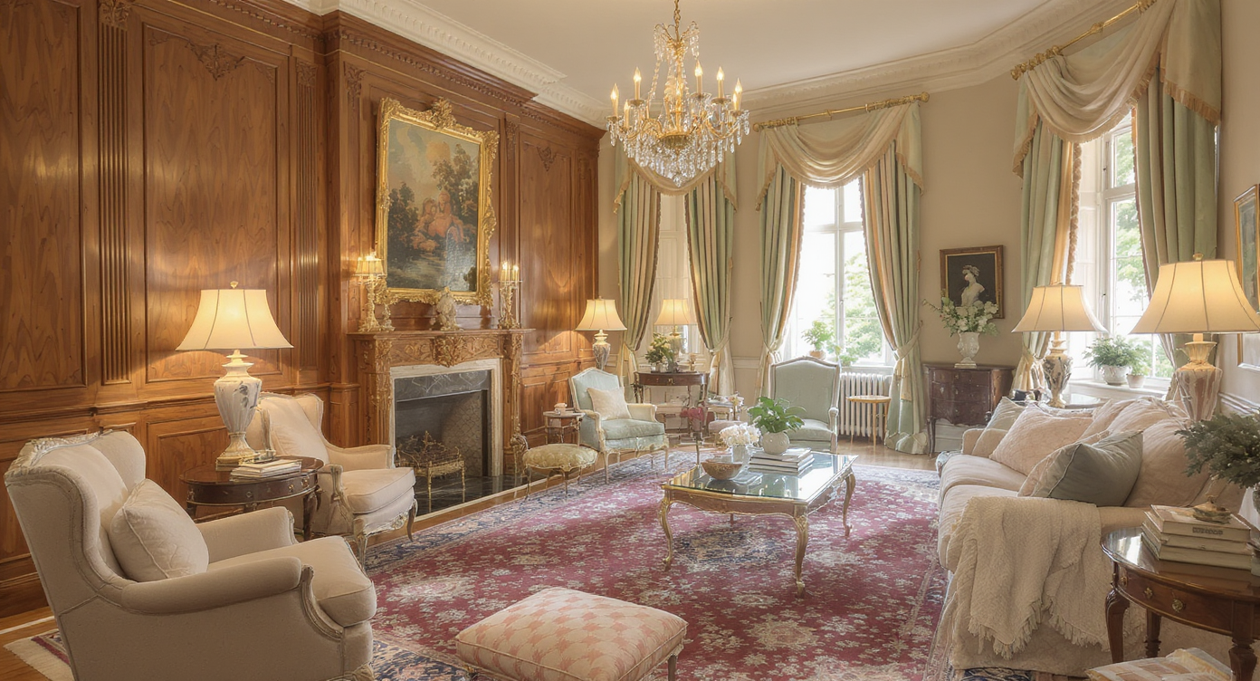 Interior featuring wood paneling, pastel walls, vintage furniture, layered fabrics, large windows, and decorative lighting in harmonious design.