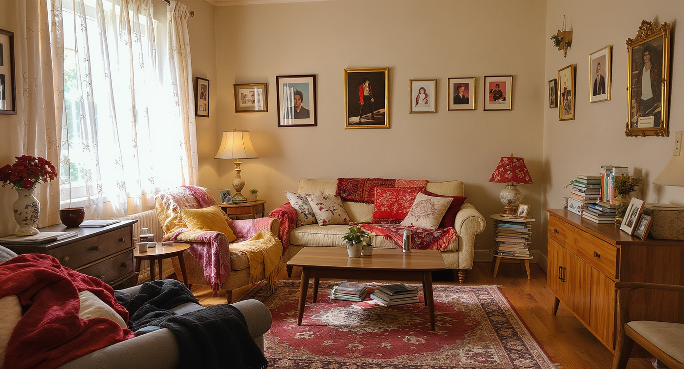 Cozy living room with warm wooden floors, mid-century furniture, family photos, and soft natural light through sheer curtains.