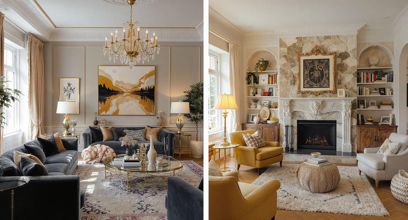 Split image showing glamorous modern celebrity living room and cozy, personal family space with natural light and textured details.