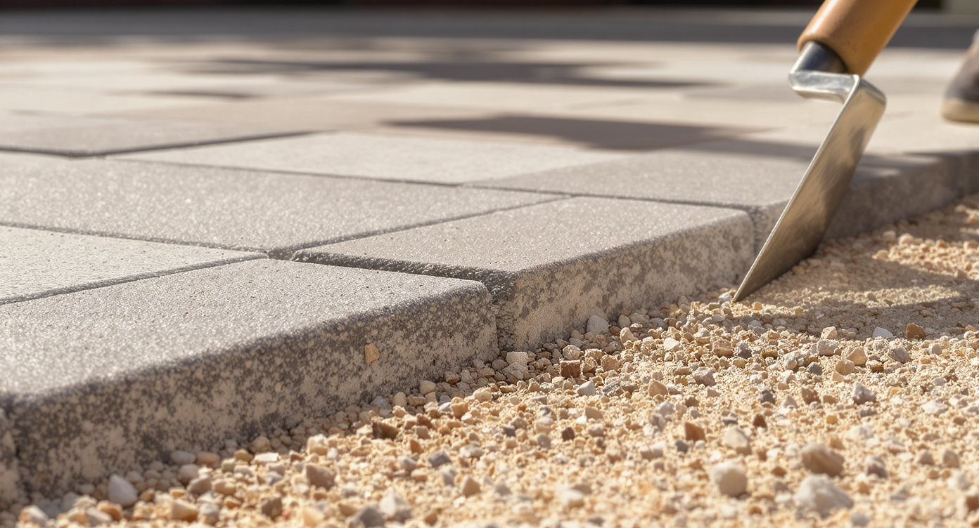 Close-up of paver patio section showing stone pavers embedded 1/8 inch in sand bedding over compacted base with edge restraints on a 36–48 inch wide path.