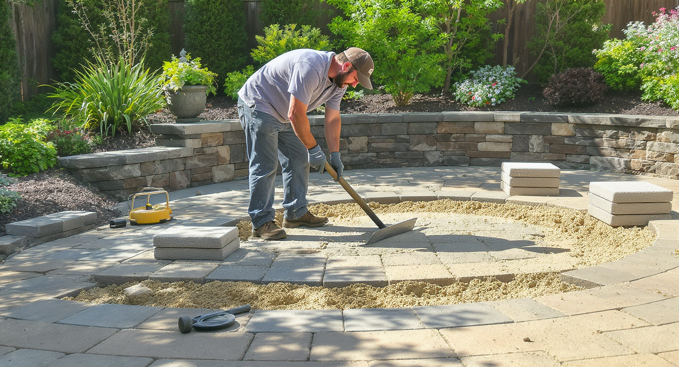 Homeowner repairing a sunken 6x8-foot paver patio section outdoors using a metal screed bar and tools in a sunny backyard.