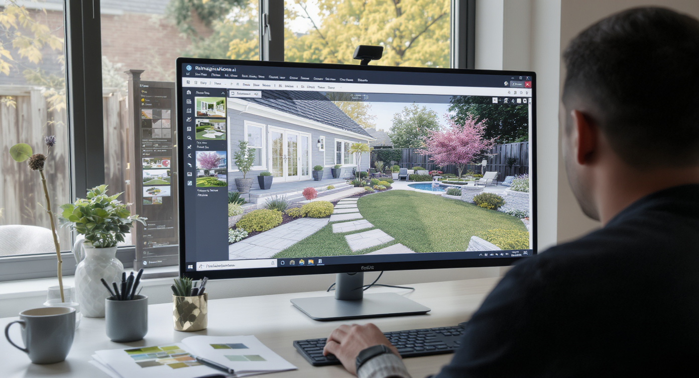 Designer in sunlit office using ReimagineHome.ai on monitor showing detailed 3D patio and garden visualizations.
