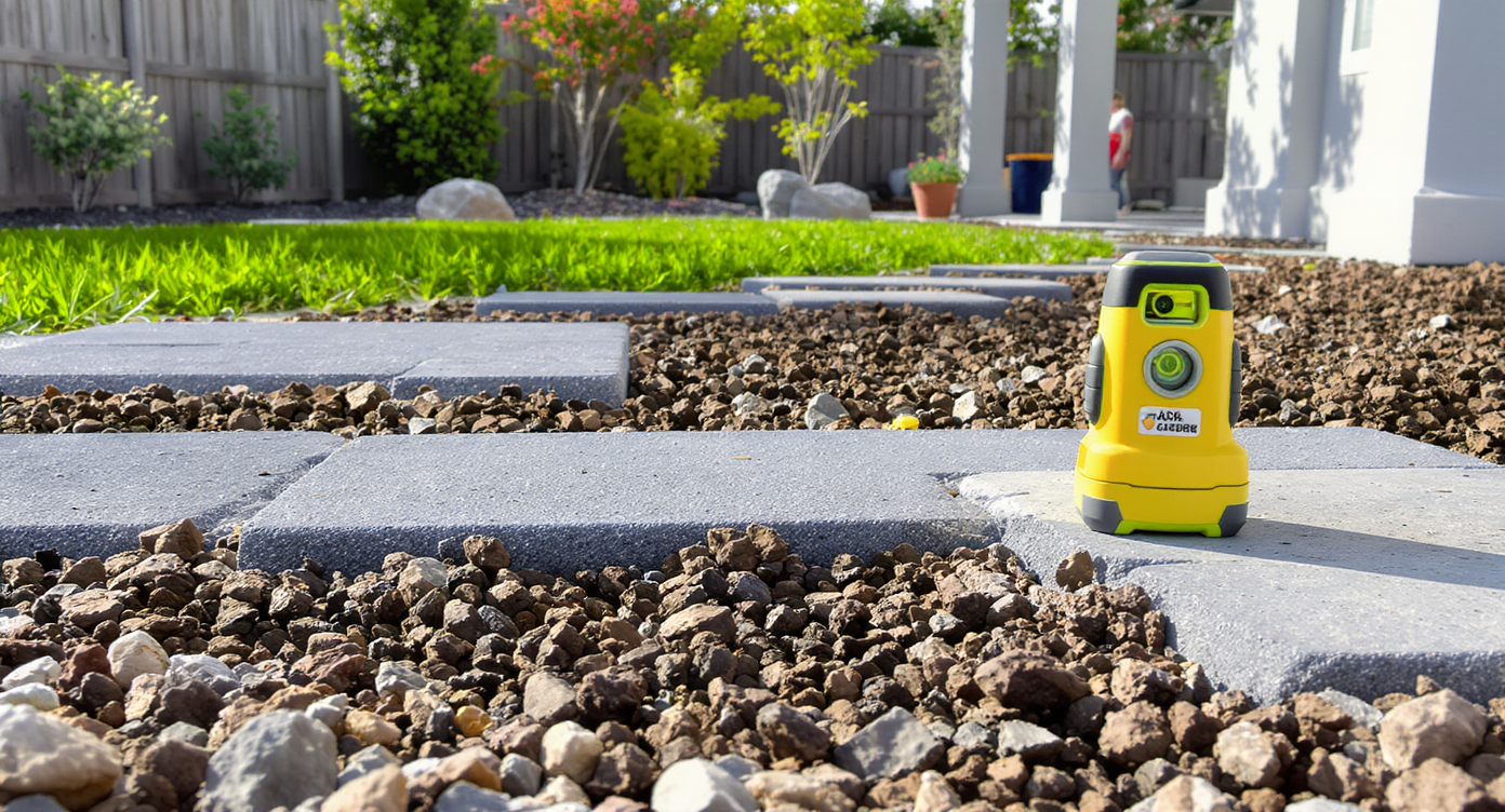 Landscaping site with compacted gravel base, 1-2% slope, 42-inch stone paths, and laser level showing grading precision.