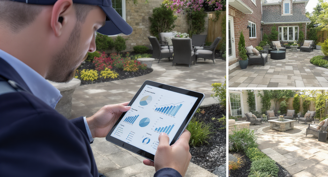 Two hardscape professionals reviewing plans on tablet with completed patios in background, showcasing business growth.
