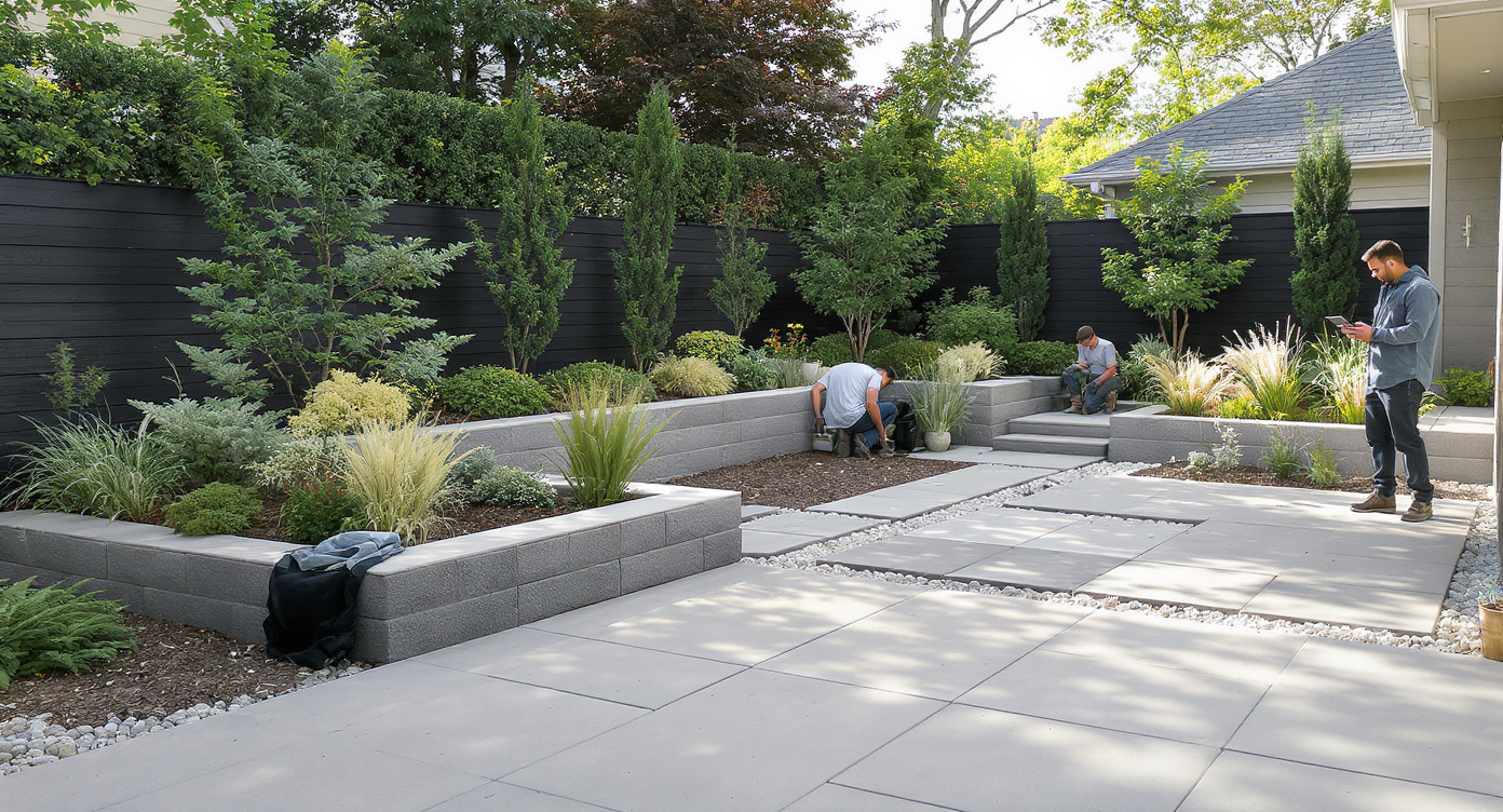 Side yard outdoor room with sleek concrete hardscape, low-maintenance planting, crew installing pavers, and manager reviewing tablet.