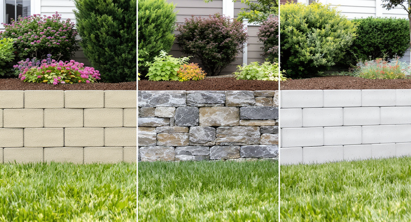 Three small retaining walls made of modular block, natural stone, and poured concrete in bright garden settings.