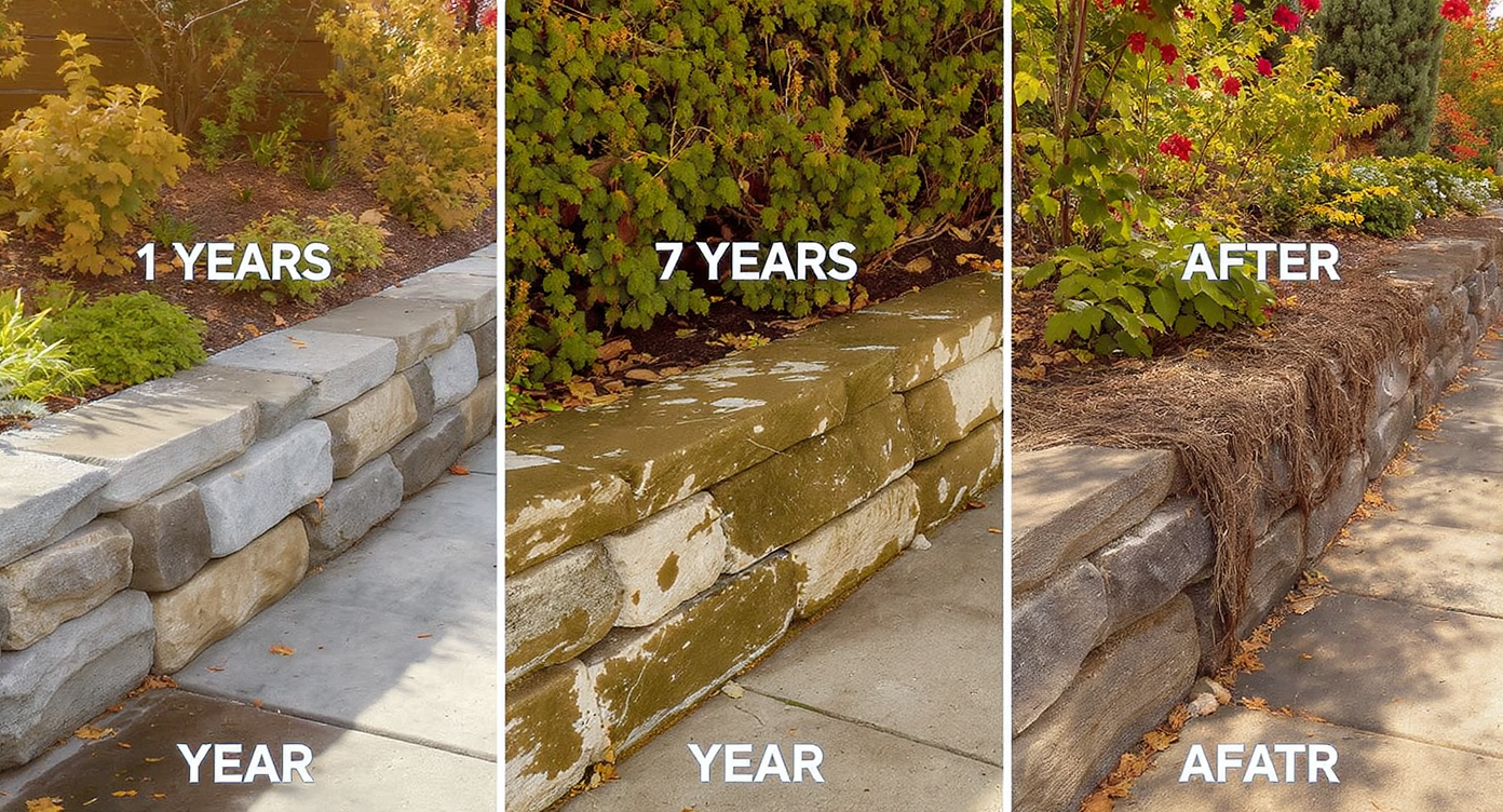 Three photos show a stone-edged retaining wall aging from 1 to 30 years with progressive plant growth and weathering.