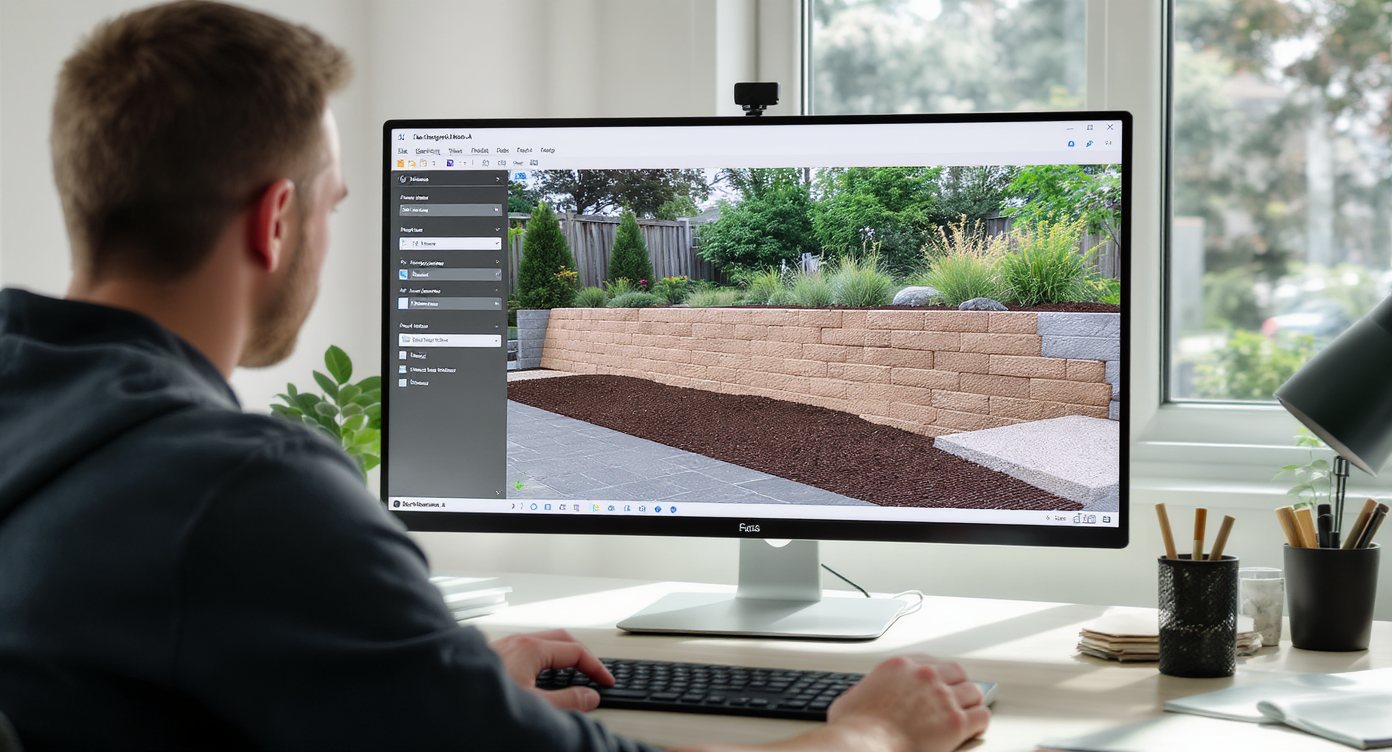 Designer previewing 3D retaining wall layouts on ReimagineHome.ai at a sunny modern workspace.
