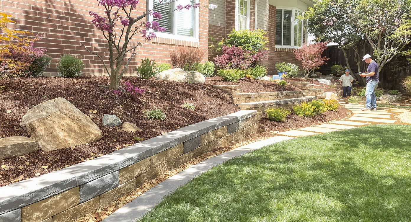 Backyard with modular block retaining wall, stone walkway and concrete edging showing durable, low-maintenance hardscaping.