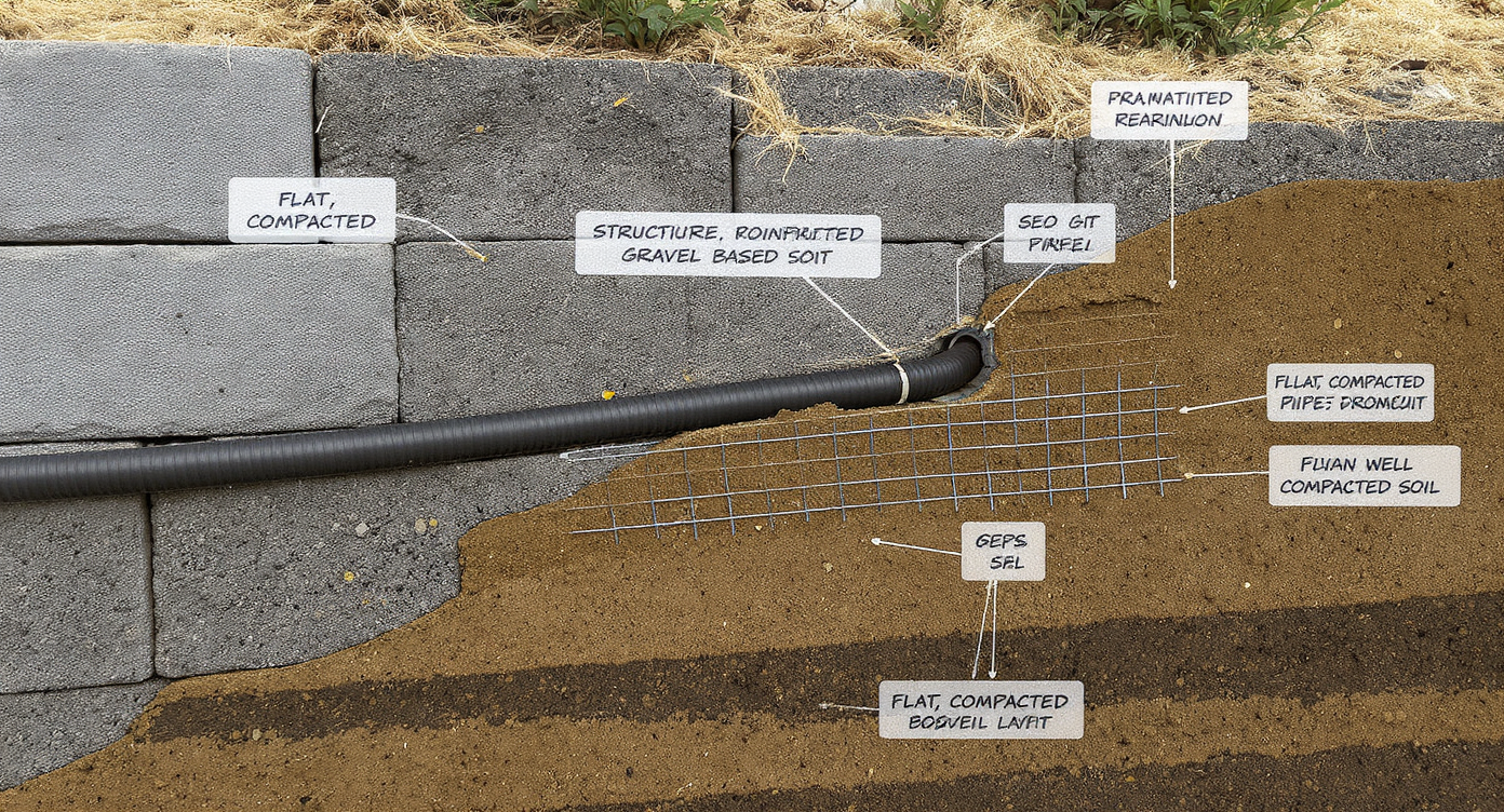 Cross-section showing compacted base, drainage pipes, geogrid, and modular blocks in a well-engineered retaining wall.