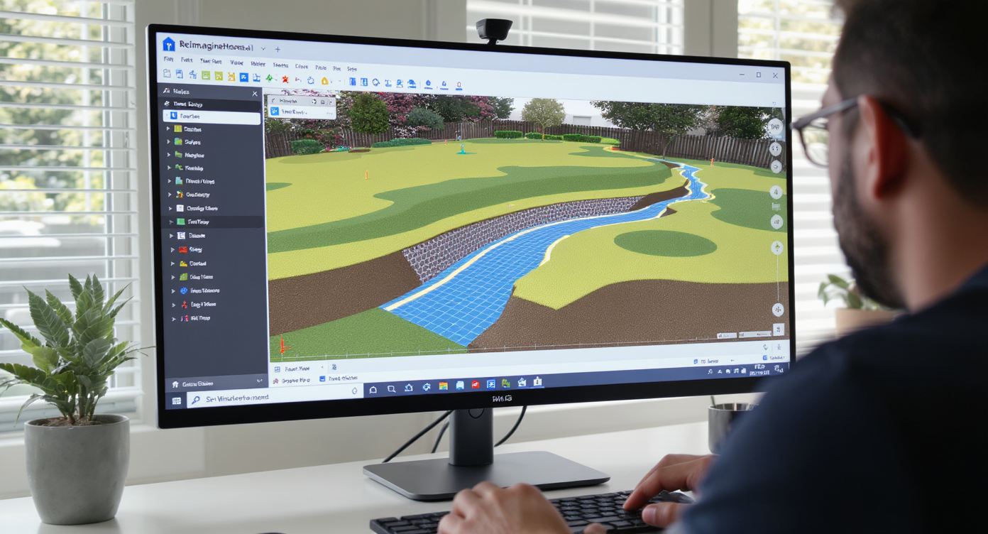 User working on ReimagineHome.ai in bright home office modeling swales and French drains for yard drainage planning.