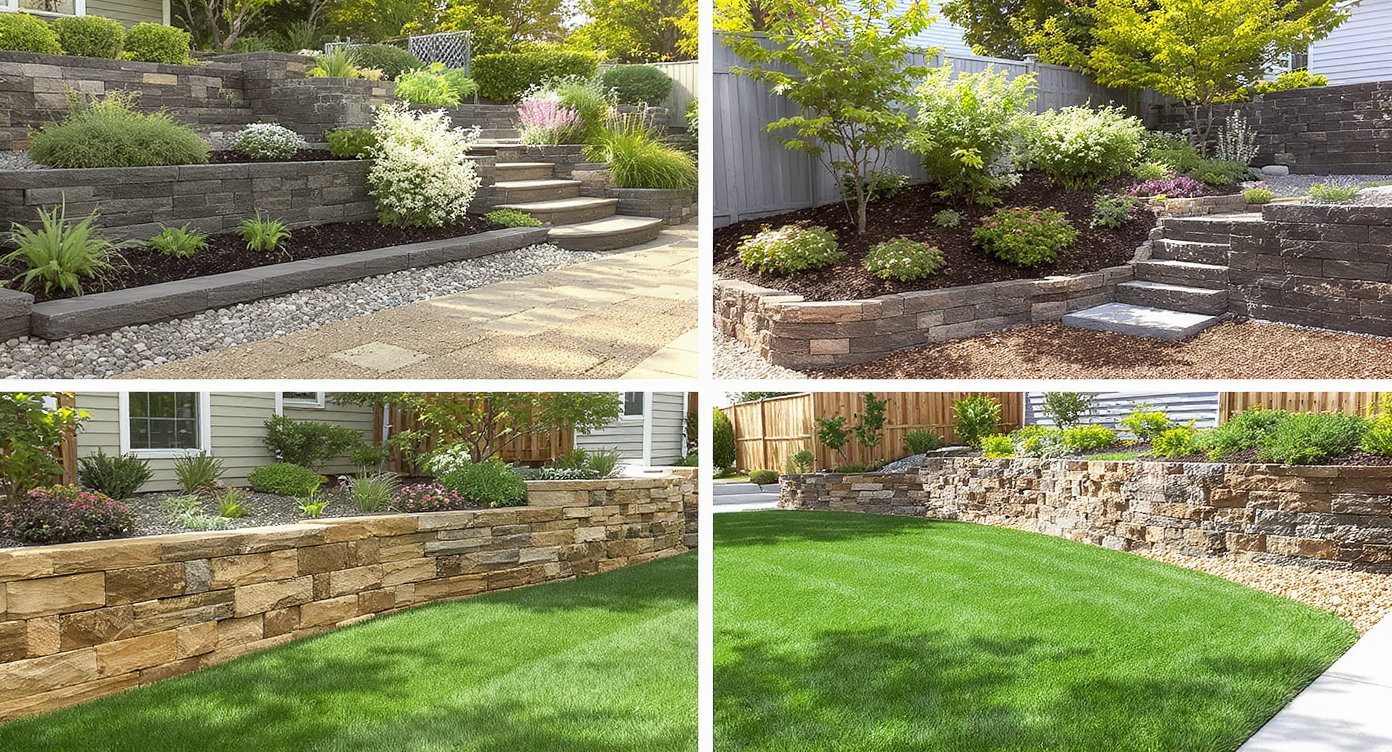 Daylit backyard featuring terraces, dry-stacked stone retaining walls with French drains, planted erosion control, and gravel backfill in a modern yard design.