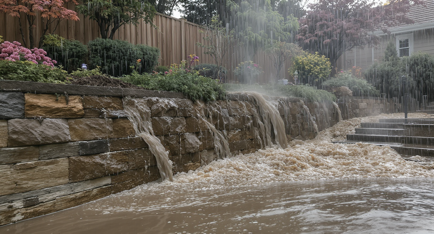 Backyard during heavy rain showing water racing down slope, overflowing retaining wall caps, and overwhelmed yard drains with muddy pools near base.