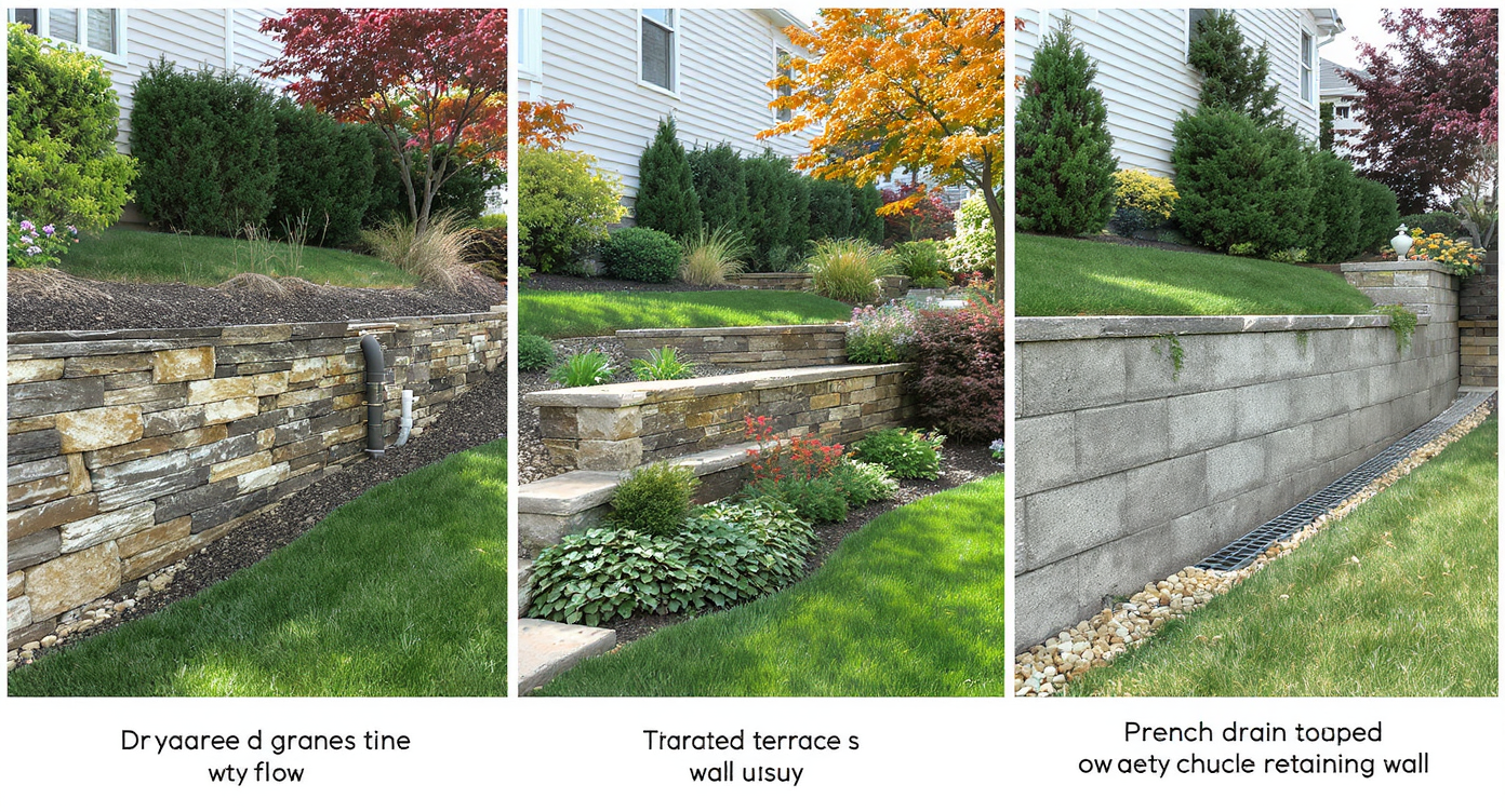 Three photos of solutions: dry-stacked stone wall with drainage, terraced yard with swales, and French drain behind concrete retaining wall on sunny days.