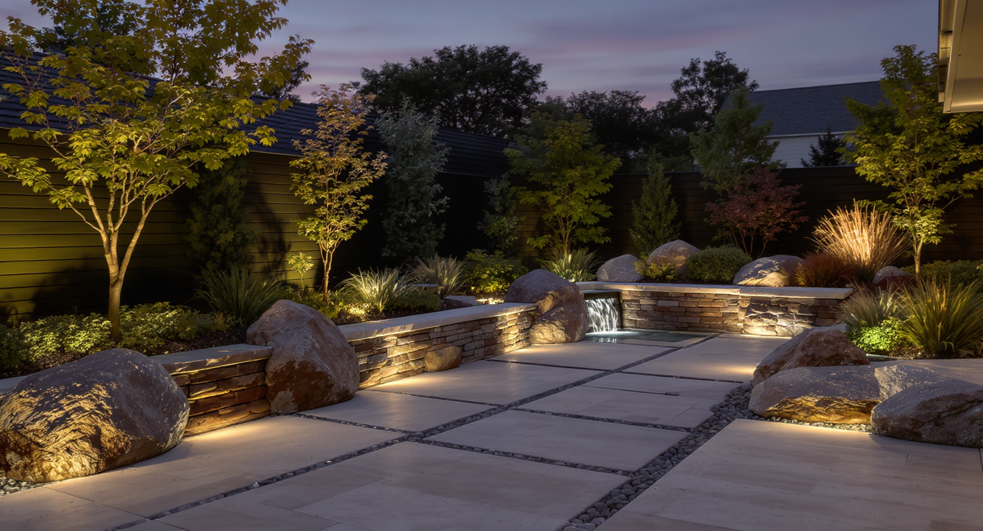 Outdoor patio with warm LED lighting illuminating stone surfaces and plants during twilight hours.