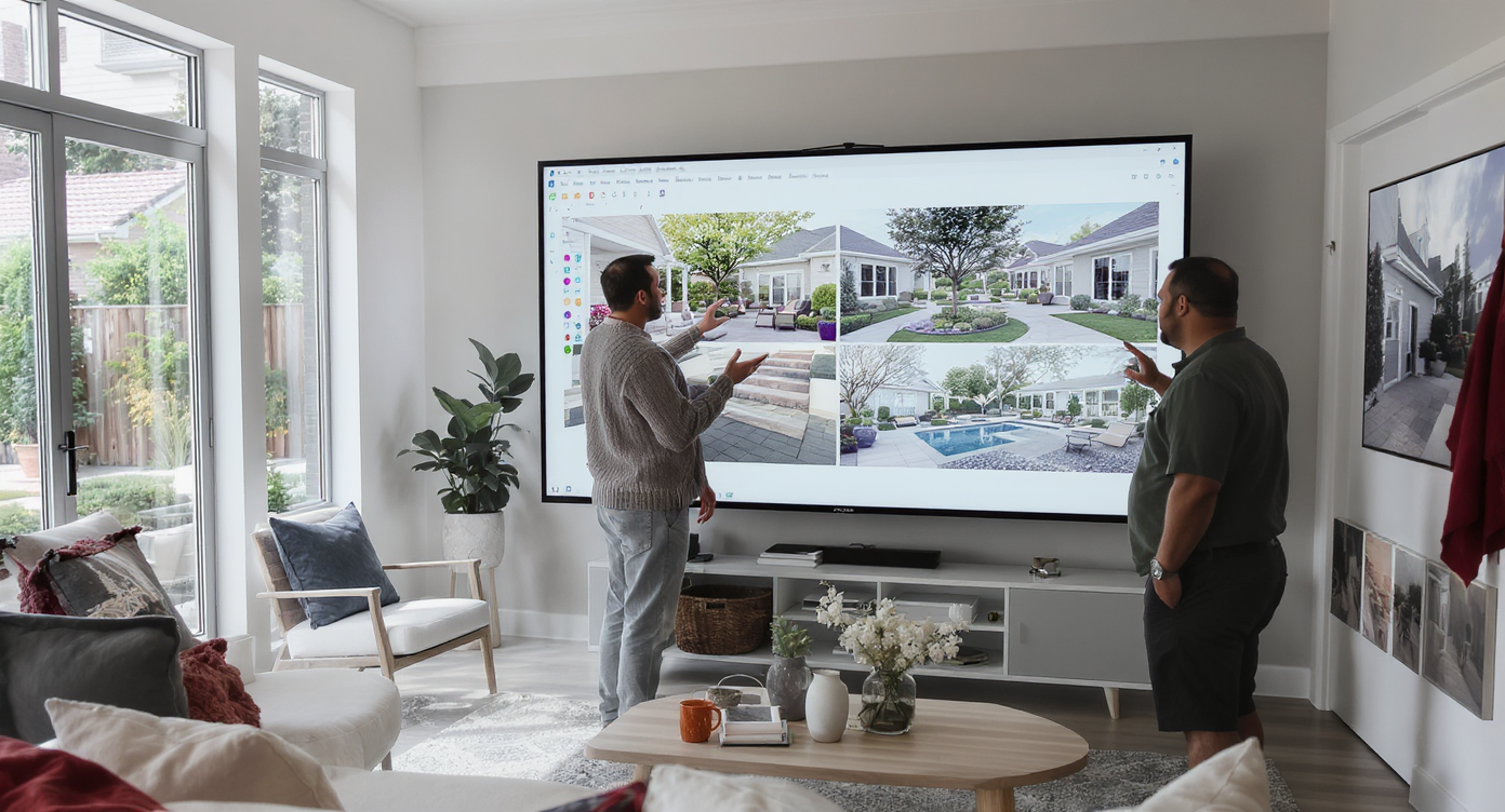 Designer presenting three digital outdoor hardscape concept renderings to a homeowner in a sunlit studio.