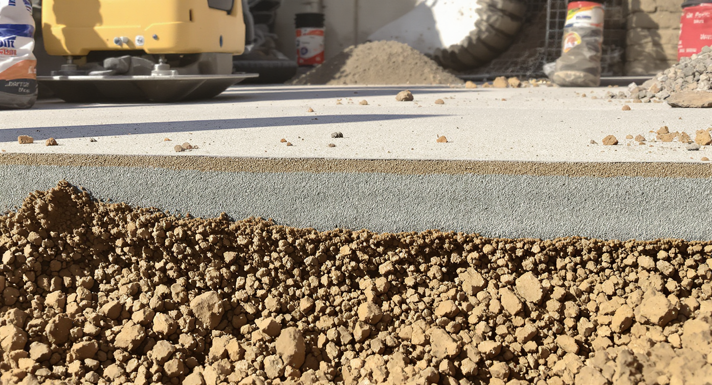 Close-up of patio base layers showing compacted aggregate and setting bed with tools nearby in natural light.
