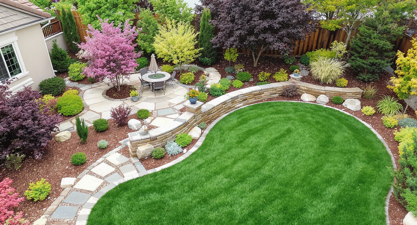 Aerial view of a low-maintenance yard dominated by hardscape elements like stone patios and retaining walls under sunlight.