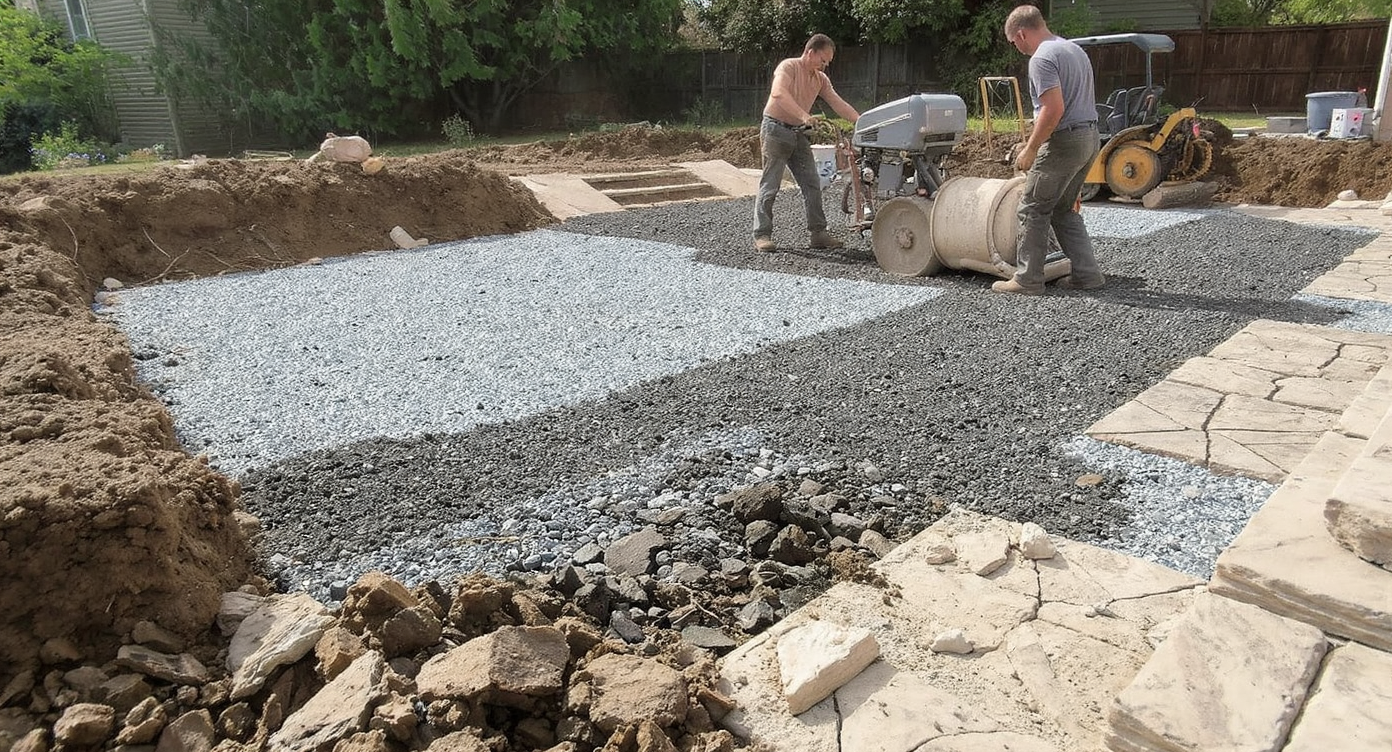 Outdoor patio construction showing worker compacting 4-6 inch aggregate base with plate compactors around under natural light.