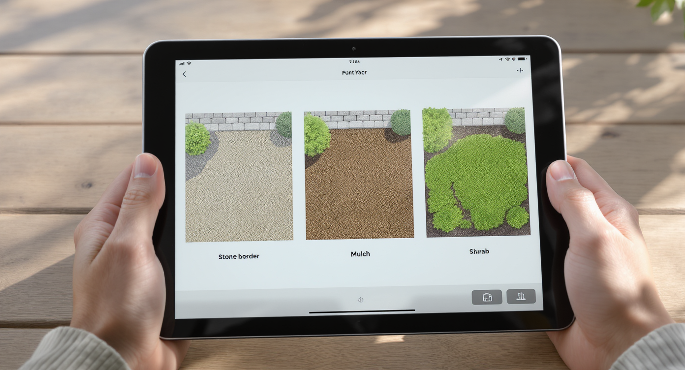 Tablet showing three landscape design samples highlighting stone, mulch, and shrubs as pricing factors, held outdoors.