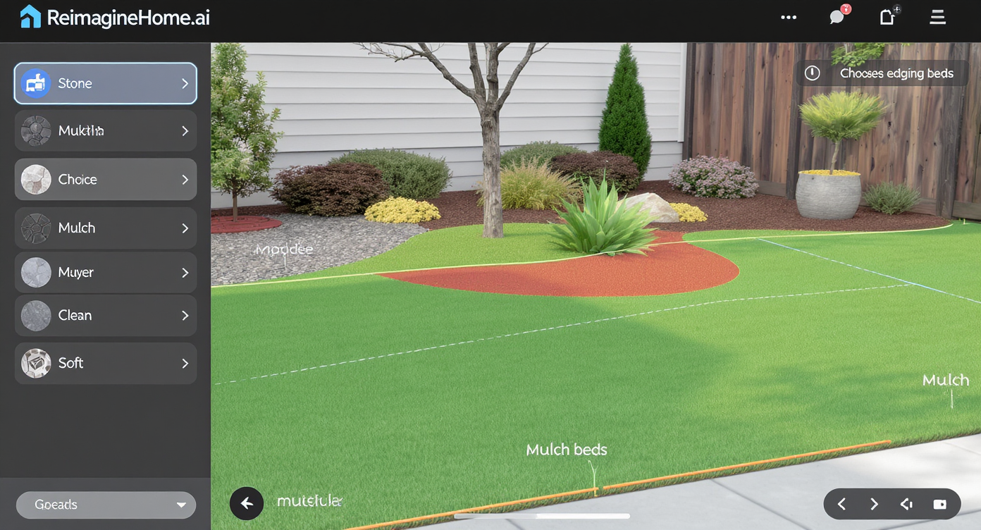 ReimagineHome.ai interface showing front yard design options with stone and mulch bed choices and edging in simulated daylight.