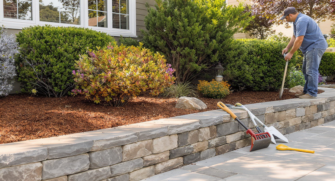 Homeowner pruning shrubs near new mulch and stone borders in a sunny front garden with gardening tools laid out.