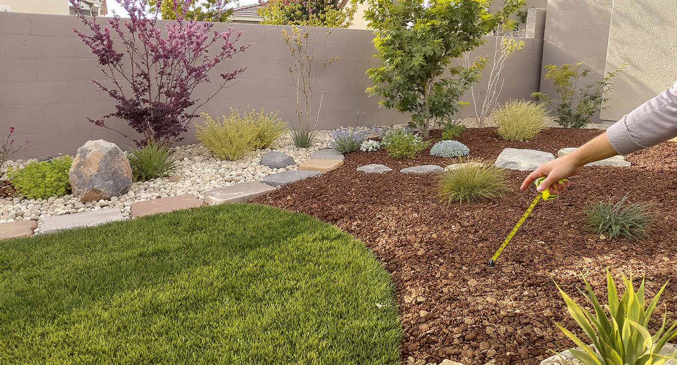 Small yard dominated by natural stone hardscape and brown mulch beds with minimal lawn, designer measuring beds.