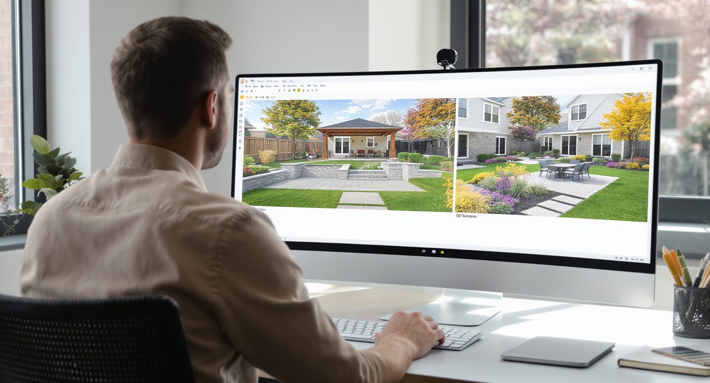 Landscape professional viewing three side-by-side digital 3D yard design concepts on a monitor in a bright modern office environment.