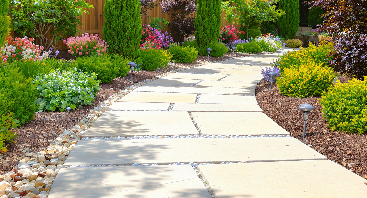 Wide flagstone garden pathway about 36-48 inches wide winding through lush shrubs and flowers with natural gravel ground cover.