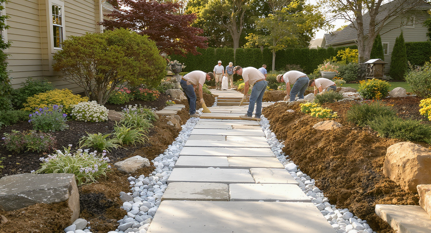 Experienced landscaping crew installing stone pathway in residential yard, showing teamwork and established craftsmanship under warm afternoon light.