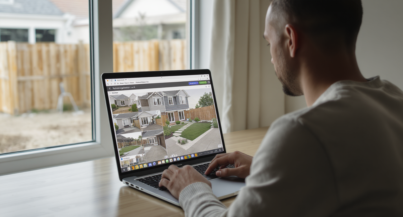 Homeowner views digital backyard makeover on laptop indoors with large windows showing new-construction lot outside.