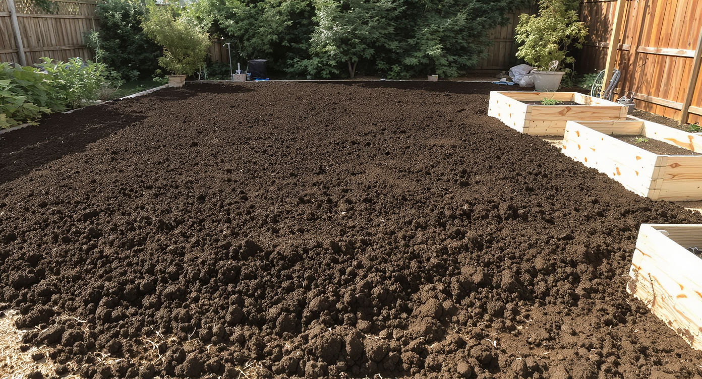 Garden area with dark premium topsoil spread over cracked clay soil, with cedar raised beds in bright daylight.