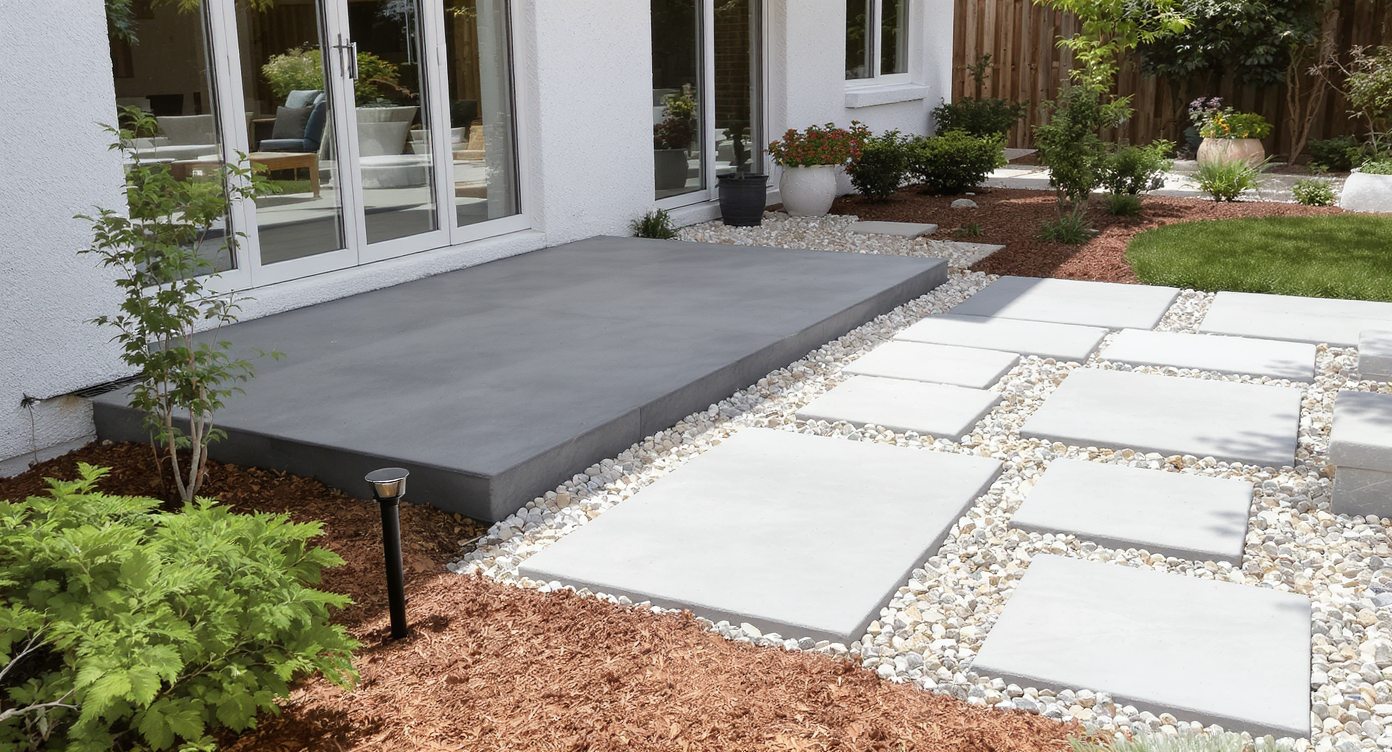 Modern concrete patio and flagstone path with subtle solar lights, showcasing low-maintenance hardscaping in daylight.