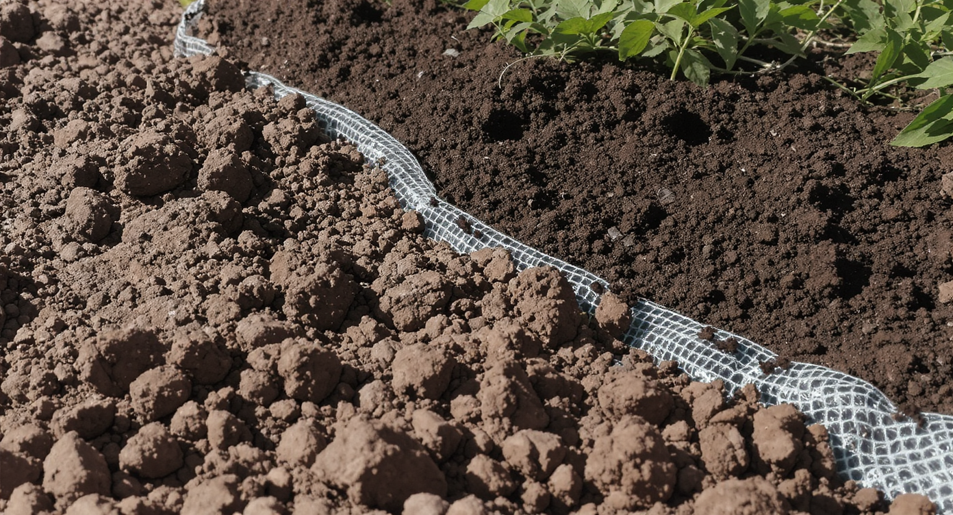 Close-up of compacted rocky clay soil next to enriched dark topsoil garden bed separated by geotextile fabric under gravel.