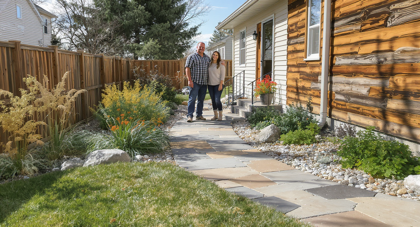 Stone-lined walkway in a prairie home's side yard with native plants, natural stone pavers, and two homeowners proudly standing.