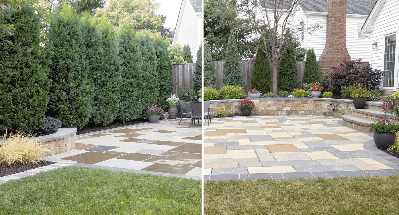 Comparison of two yards: one lush with plants, the other featuring stone patios and walkways emphasizing low-maintenance hardscaping under natural light.