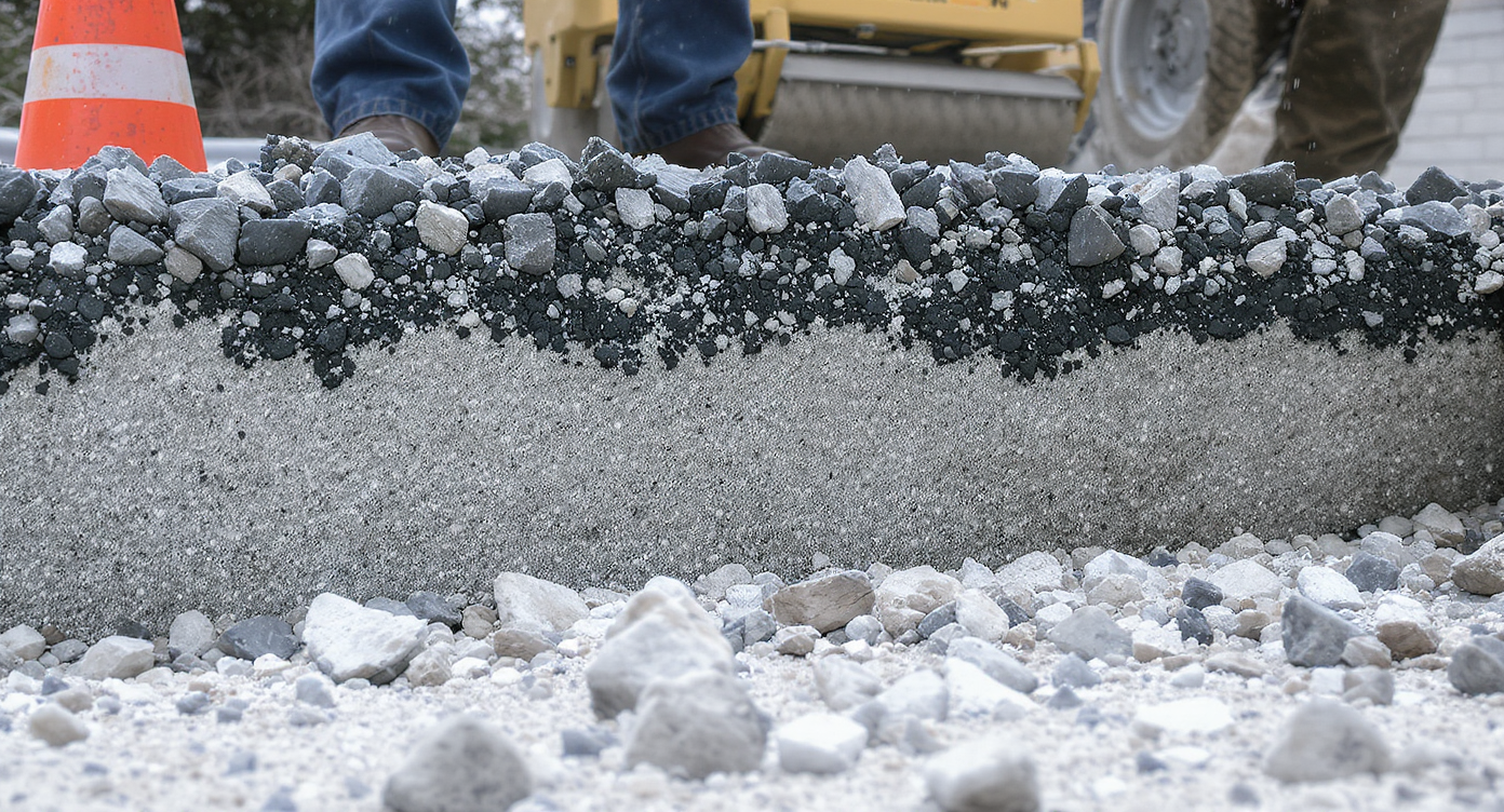 Close-up of a 6-8 inch compacted stone base layered in 2-3 inch sections outdoors with bedding sand, ready for pavers installation.